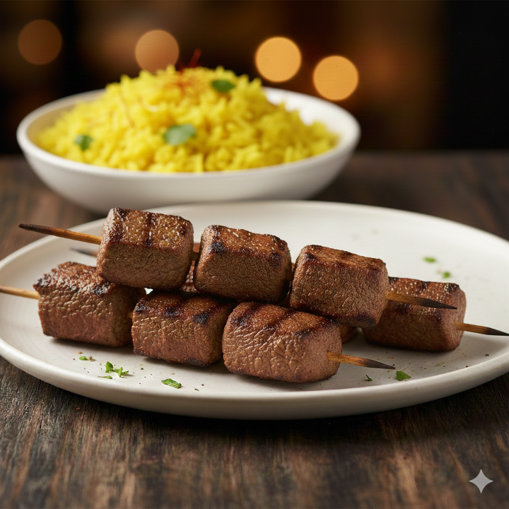 Combo: Beef Mediterranean Kebab (4 pcs) with Saffron Rice Pilaf.