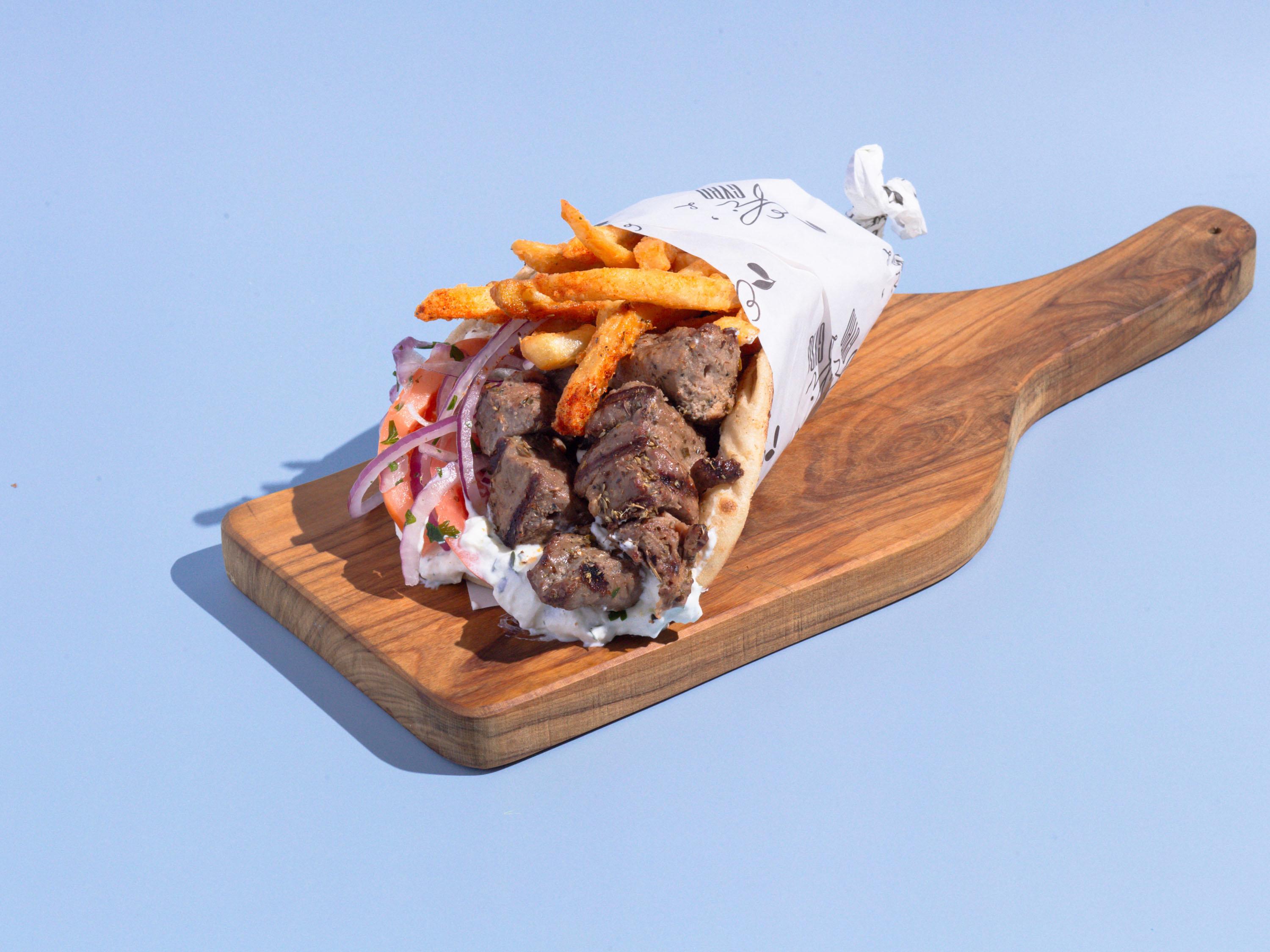 Grilled Lamb Souvlaki Gyro.