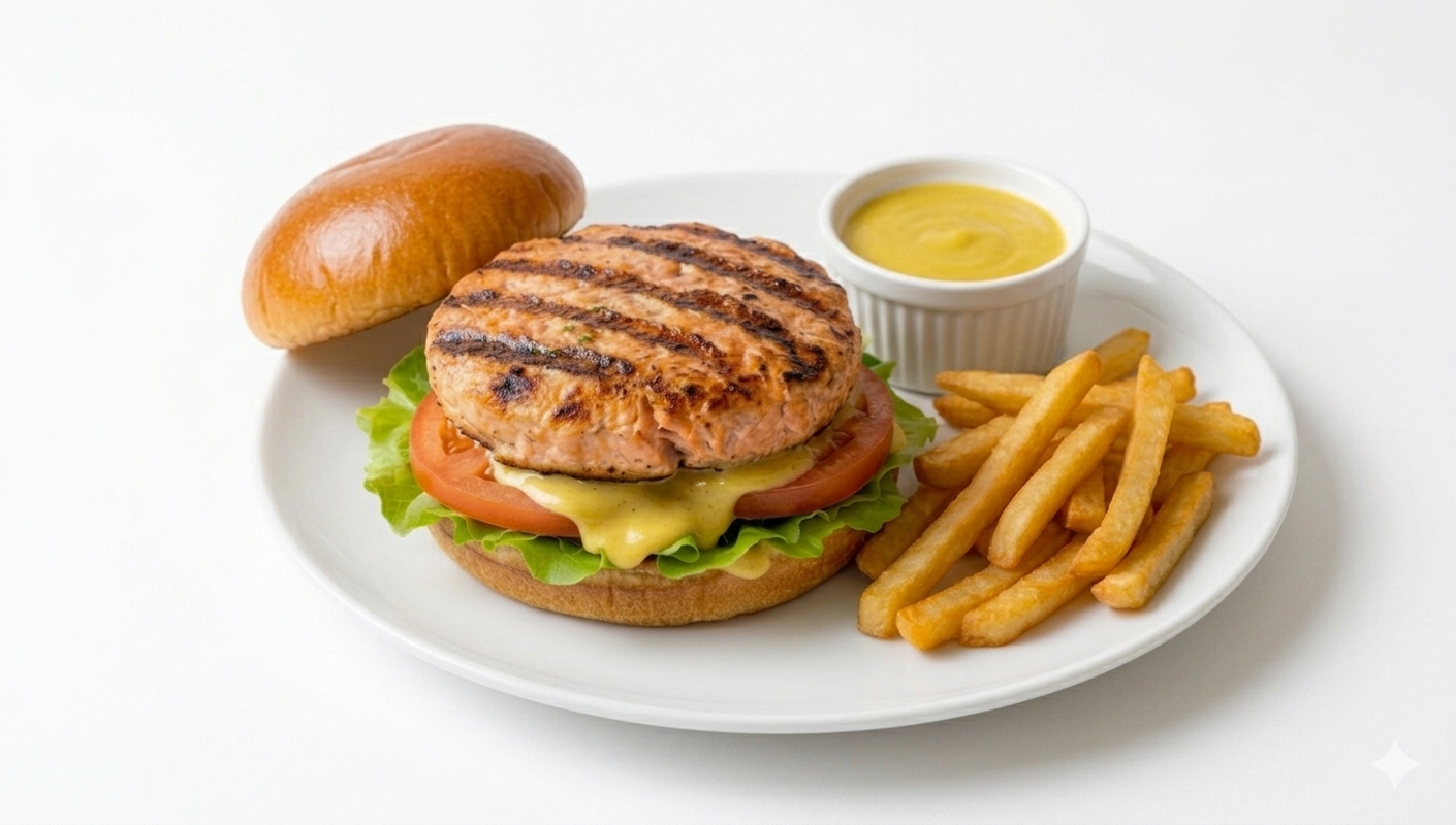 Salmon Burger served w/ fries..