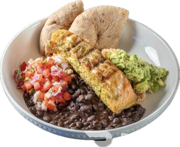 Grilled Salmon Bowl Entree, Black Beans, Avocado Hummus, Pico De Gallo 1/2 Pita.