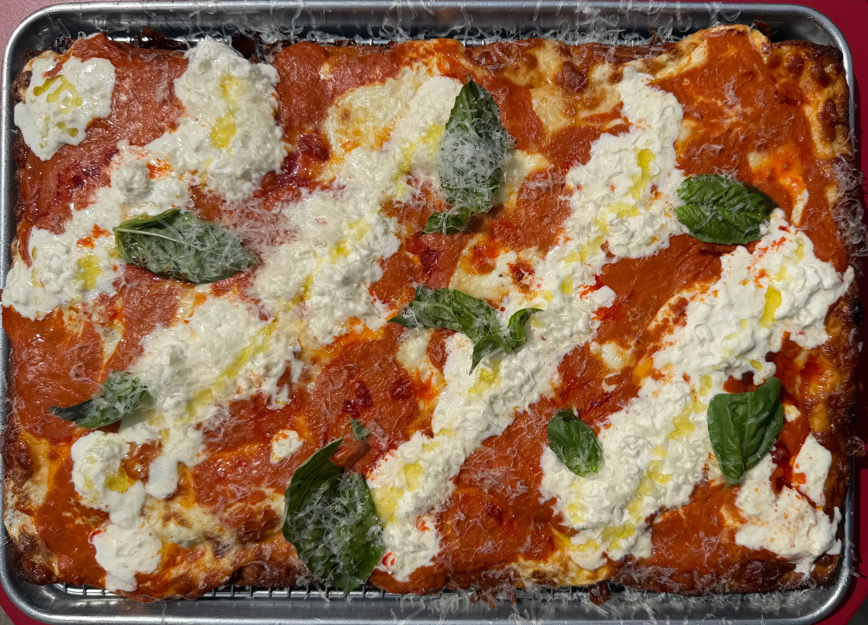 Spicy Vodka Sicilian Pizza.