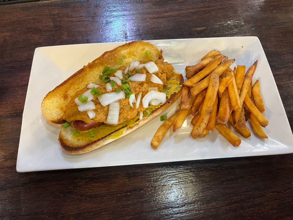 1/4 Pound All Beef Hot Dog Topped with Chorizo Beer Cheese w/ Fries.