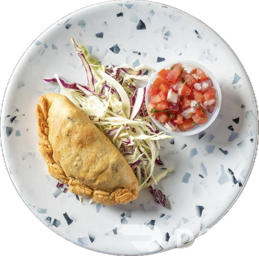 Empanada, Pico de gallo, shredded cabbage.