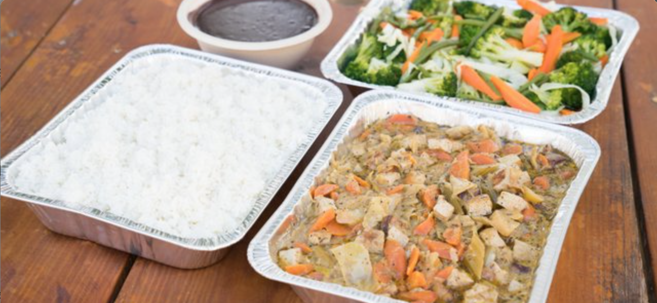 Package 2 - Tofu Stroganoff, White Rice (with Black Bean Sauce), Steamed Veggies.