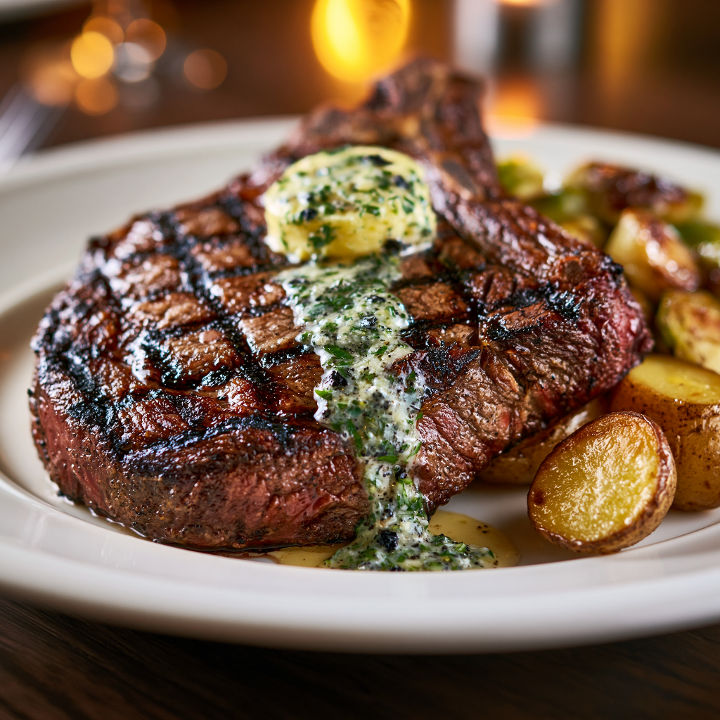 Hand-Cut Ribeye Steak with Truffle Butter.