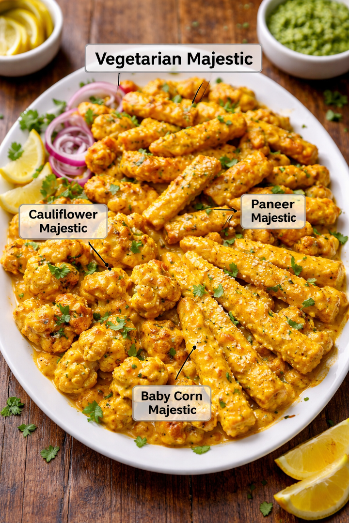 Veg Majestic (Gobi, Paneer, Baby Corn) (Apetizer).