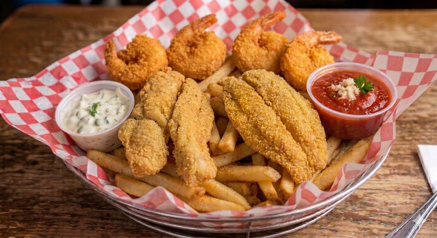 2 Piece Catfish, 2 piece  Whiting, & 4 Jumbo Shrimp.