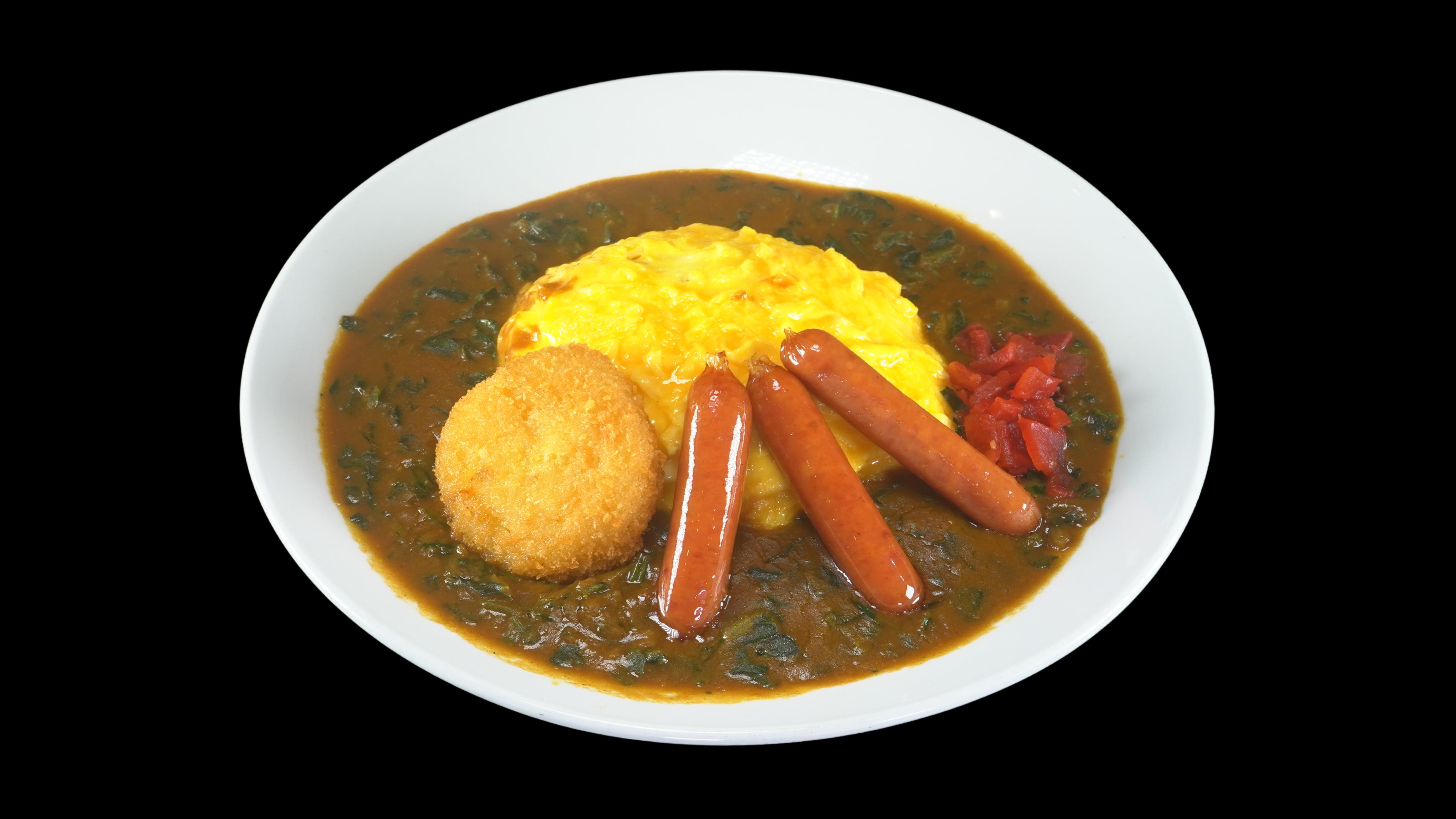 Omelet, Sausage, Potato Croquette Spinach Curry.