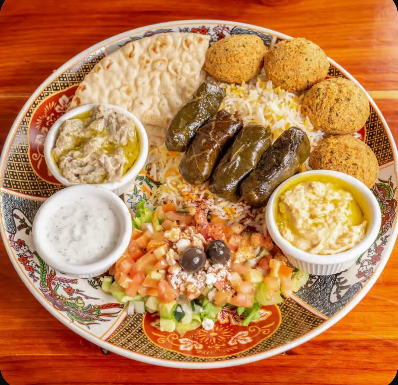 Stuffed Grape Leaves and Falafel Plate.