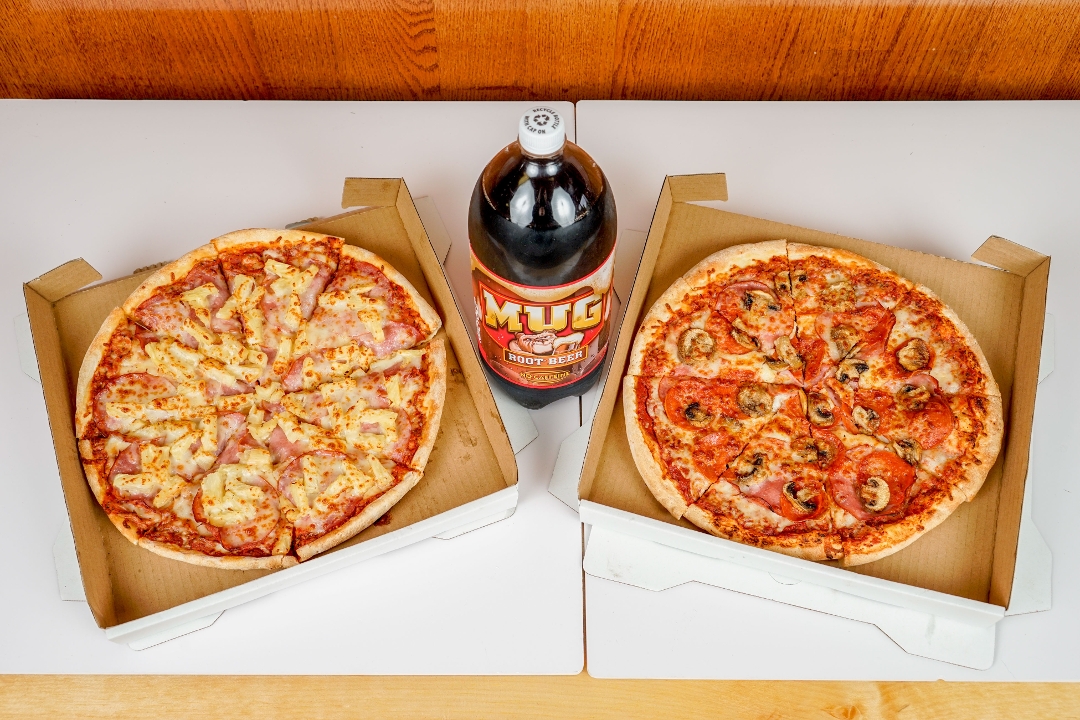2 Medium 2 Topping Pizzas - 2 Liter Soda (Serves 8 People).