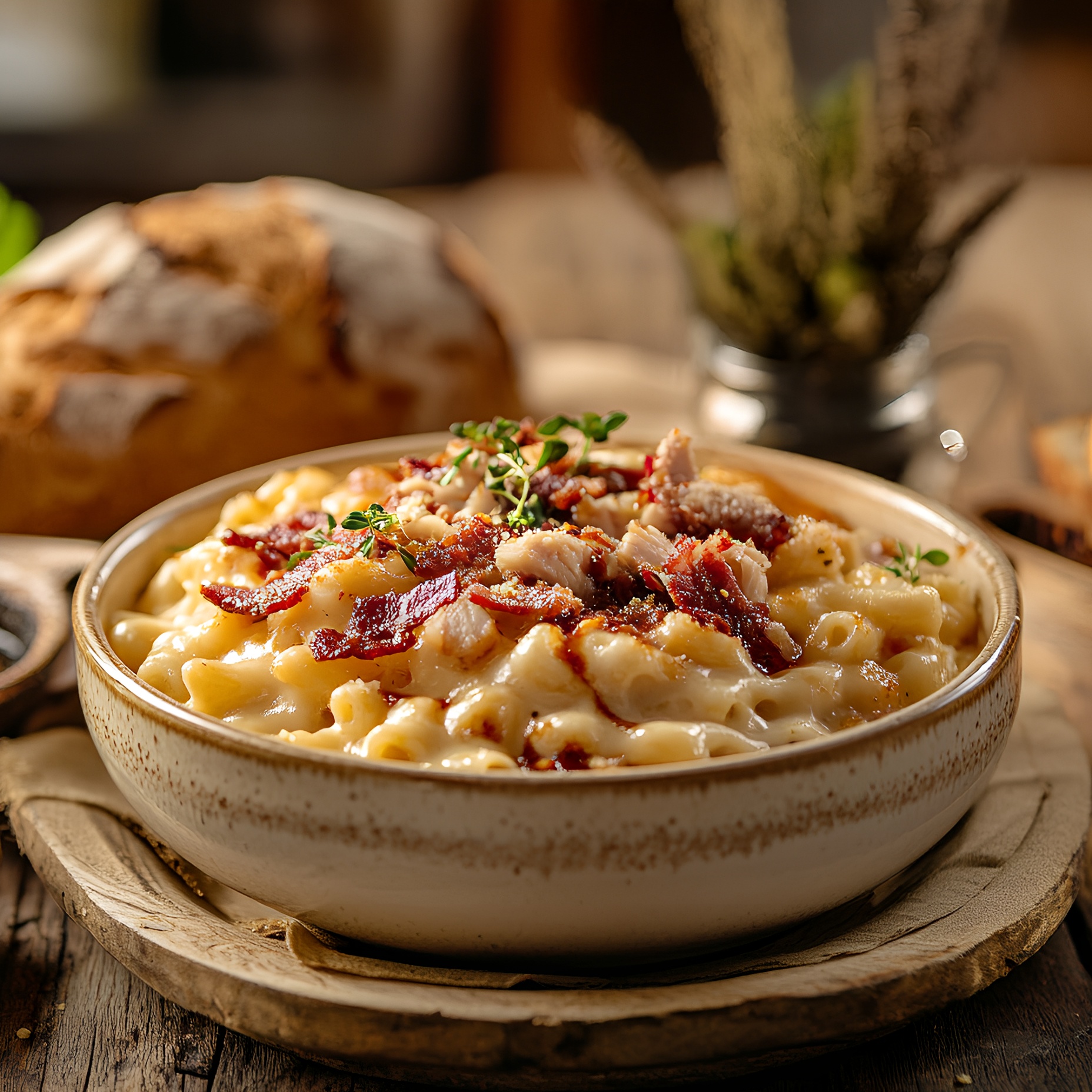 BBQ Chicken Mac and Cheese (Elbow macaroni, cheesy Alfredo blend, chicken, bacon, and BBQ sauce).