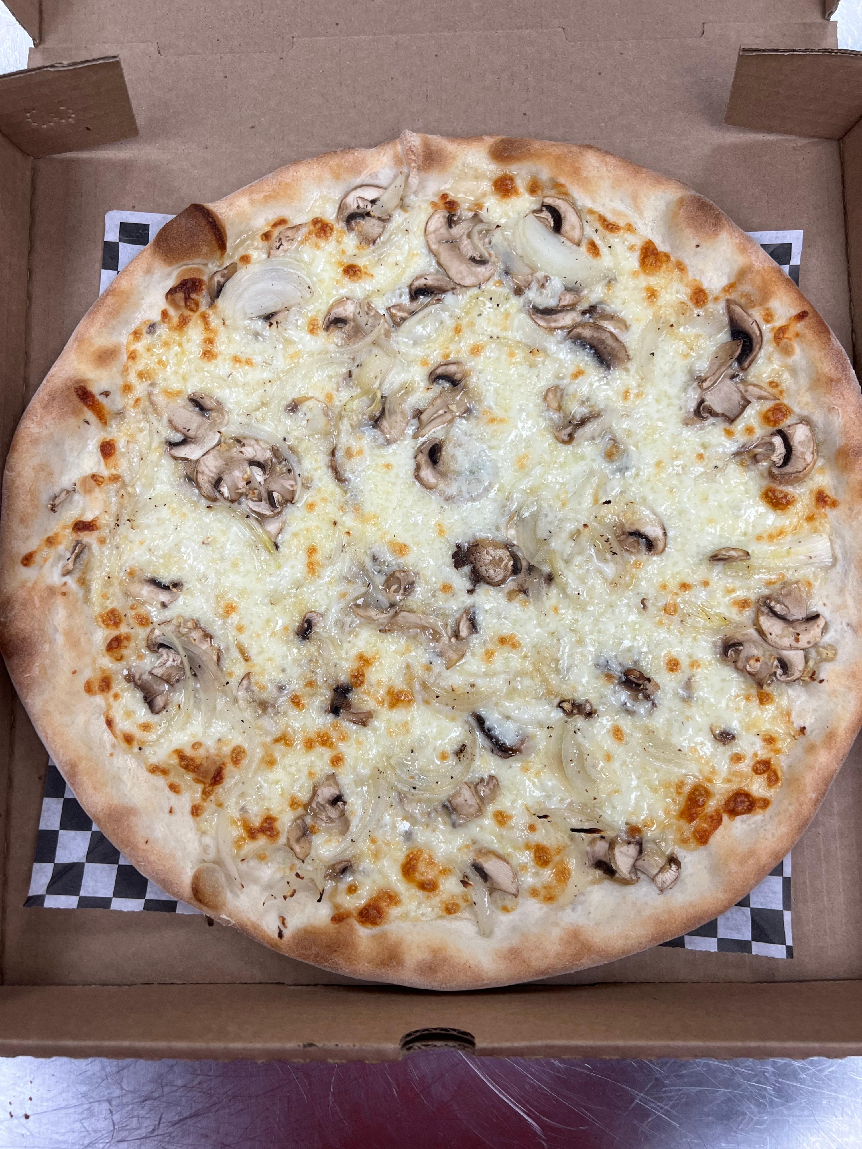 14" Truffle Oil Mushroom Pizza.