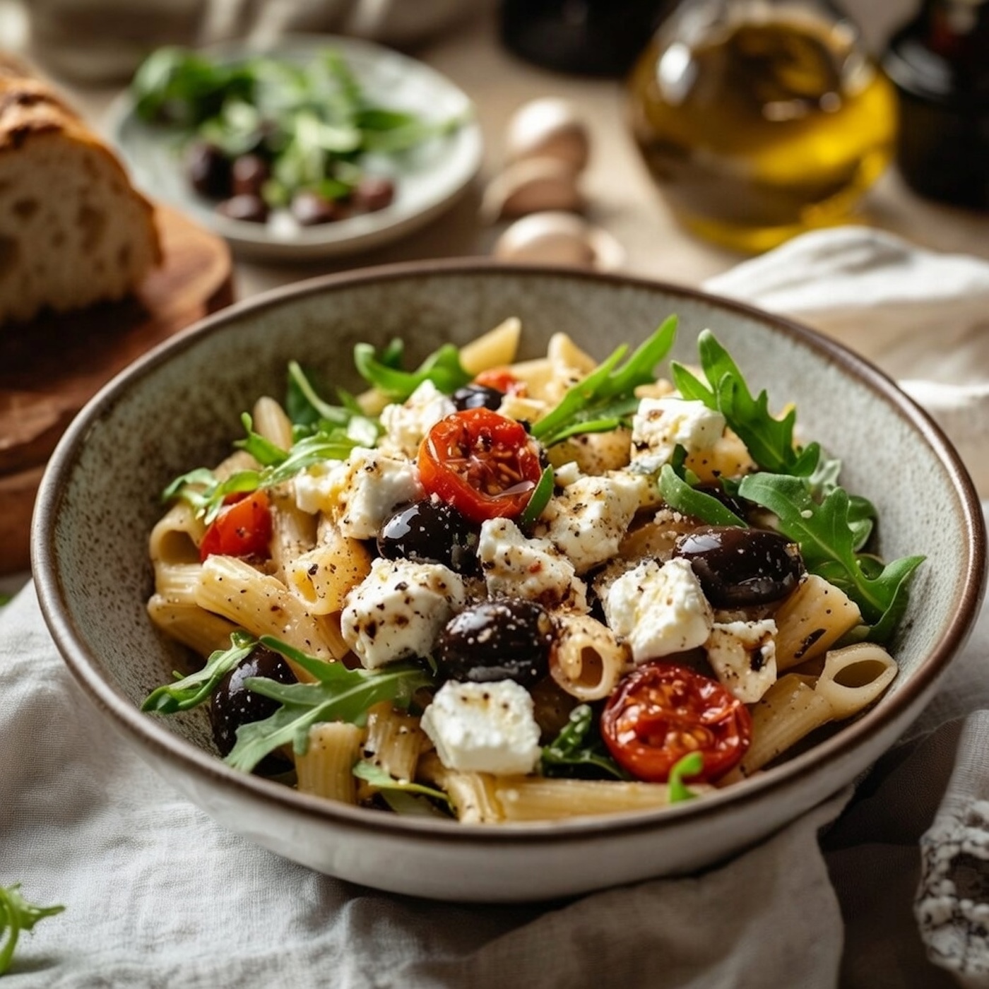 GF Feta Pasta Salad (Gluten Free Penne Pasta, Feta, Olives, Arugula, Basil, Garlic, Cherry Tomatoes, Balsamic Dressing).