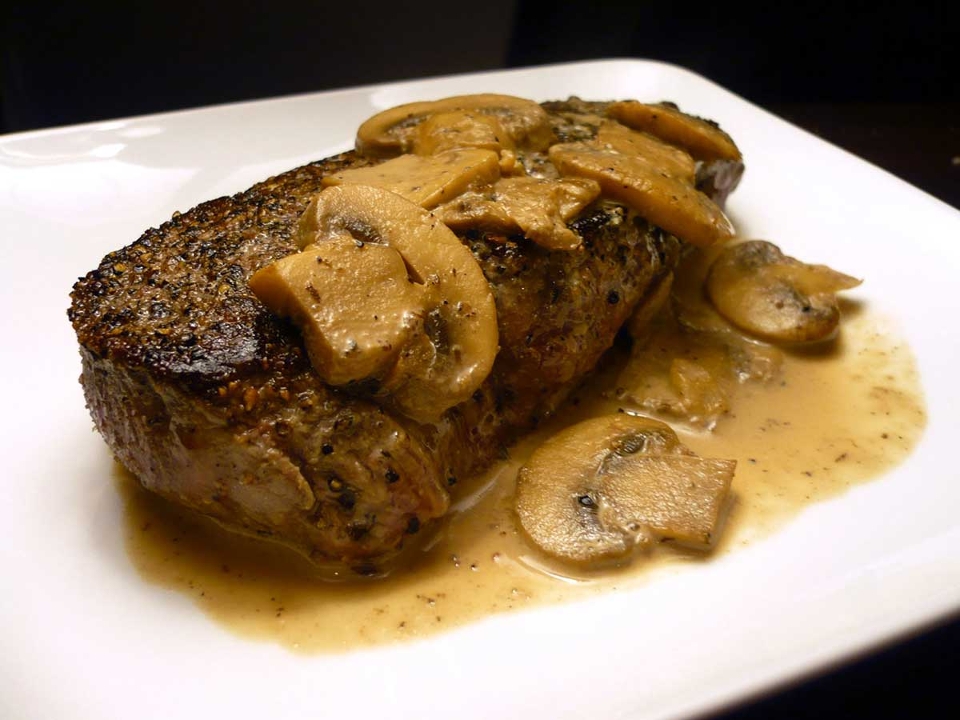 Sirloin Steak w/Wine Mushroom Sauce.