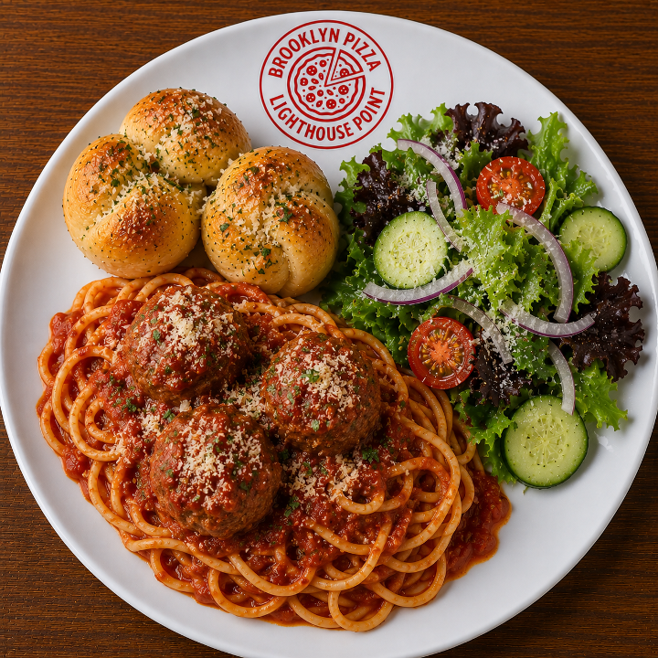 Lunch Spaghetti Meatballs (2 Garlic Knots + Side Salad).