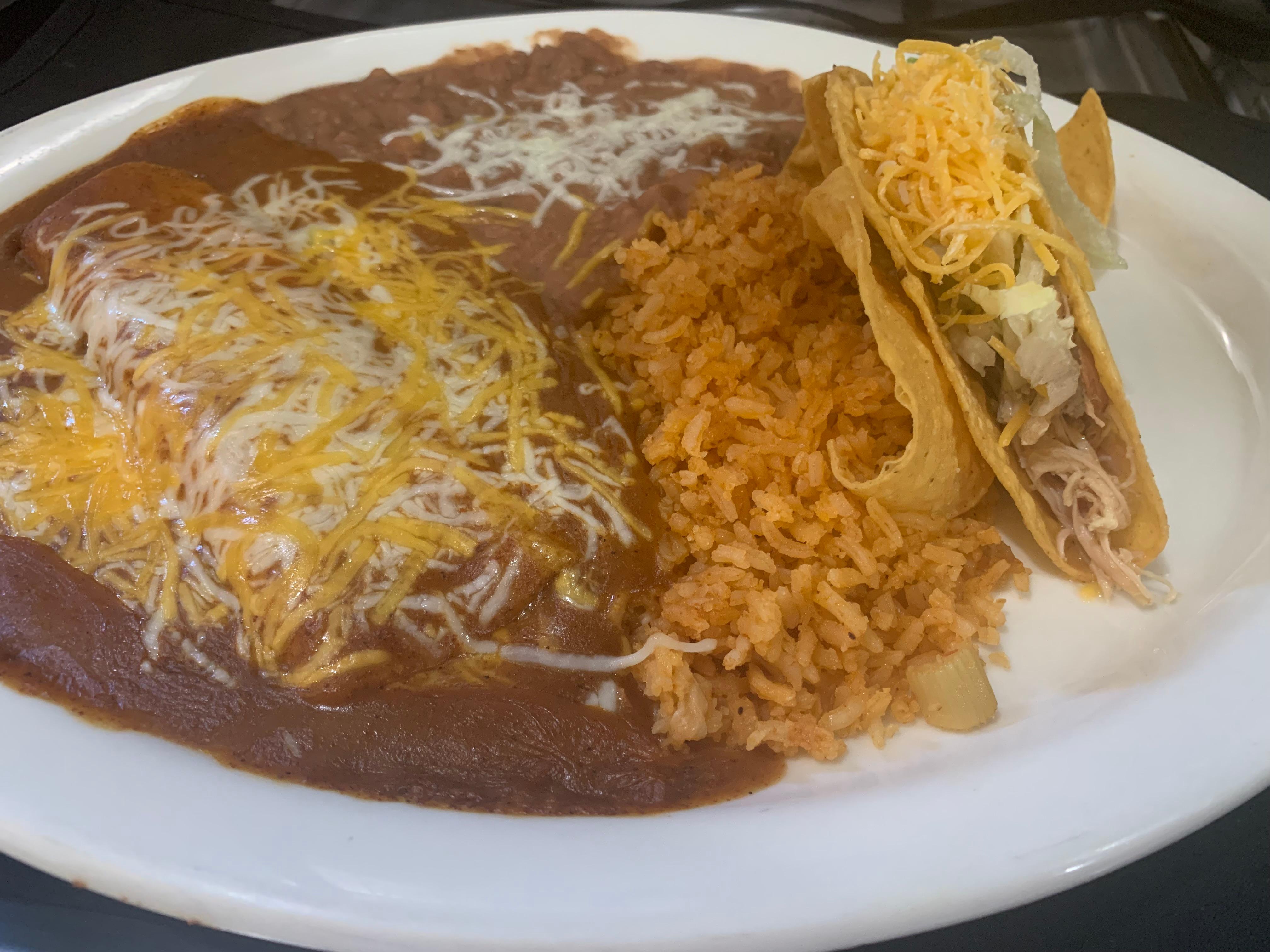 #7.     Enchilada & Crispy Taco Plato    (beef, pork, or shredded chicken).