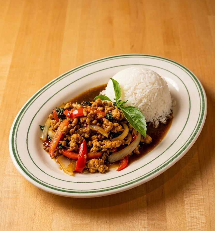 Spicy Basil Chicken with Rice.