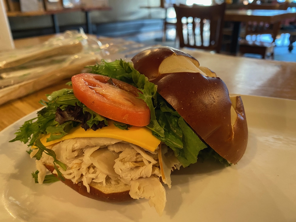 Turkey Burger on Pretzel Roll.