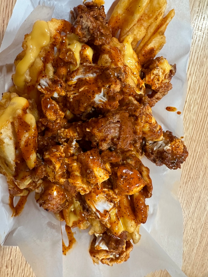 Crisp Chik'n Nashville Hot Loaded Fries.