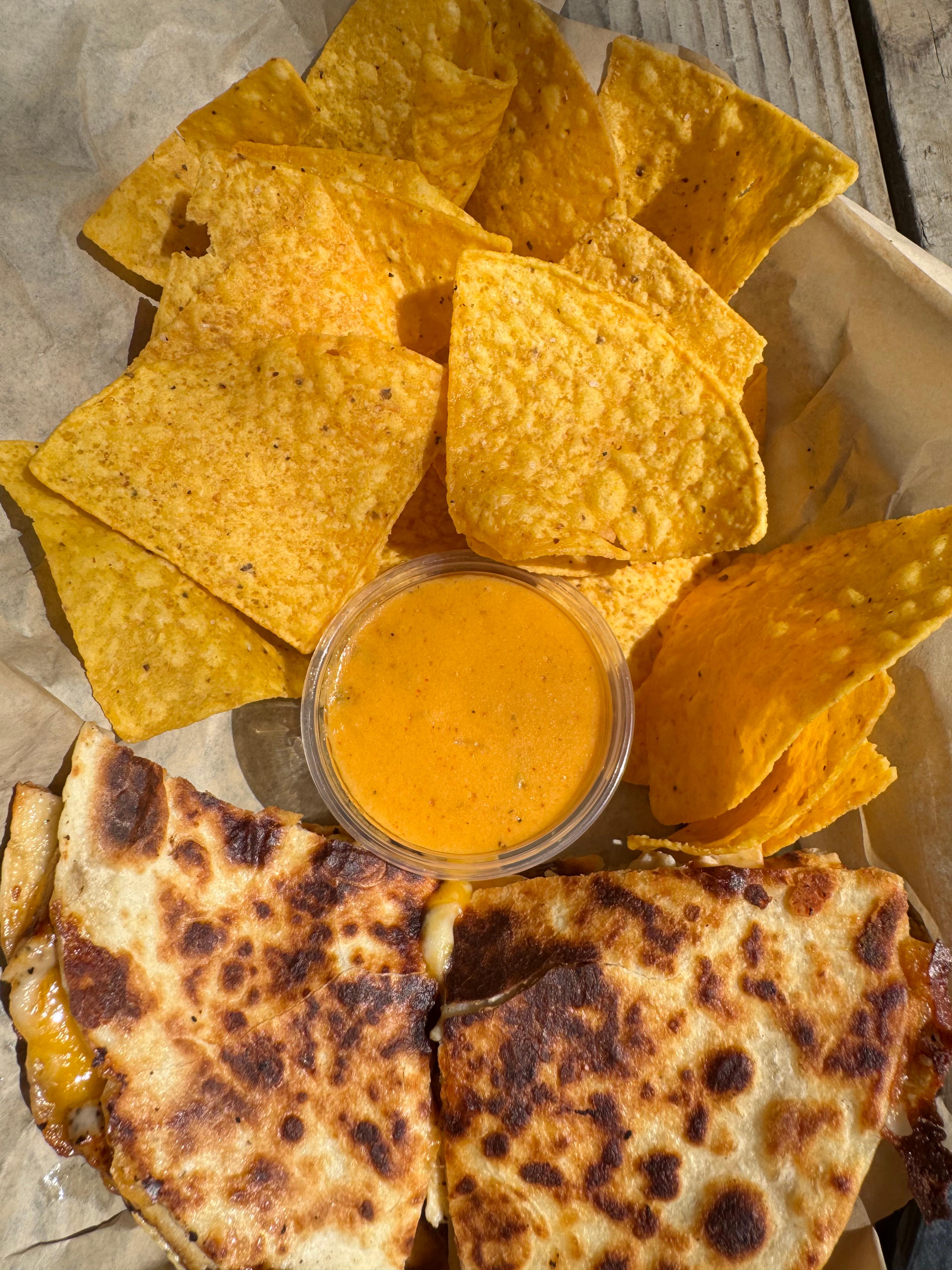 Chicken Quesadilla & Chips.