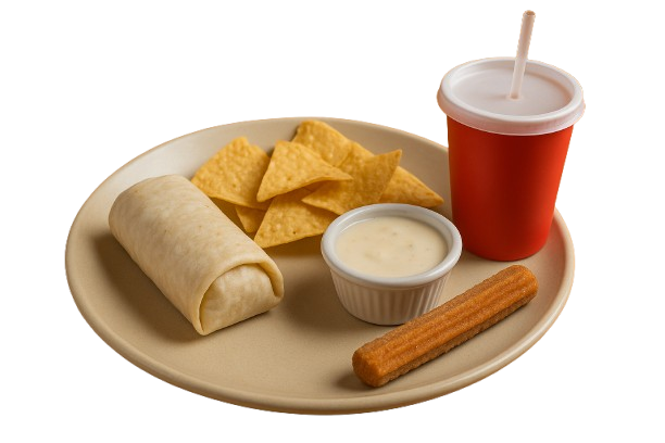 Kids Burrito Combo w/Side, Dessert, and Drink.
