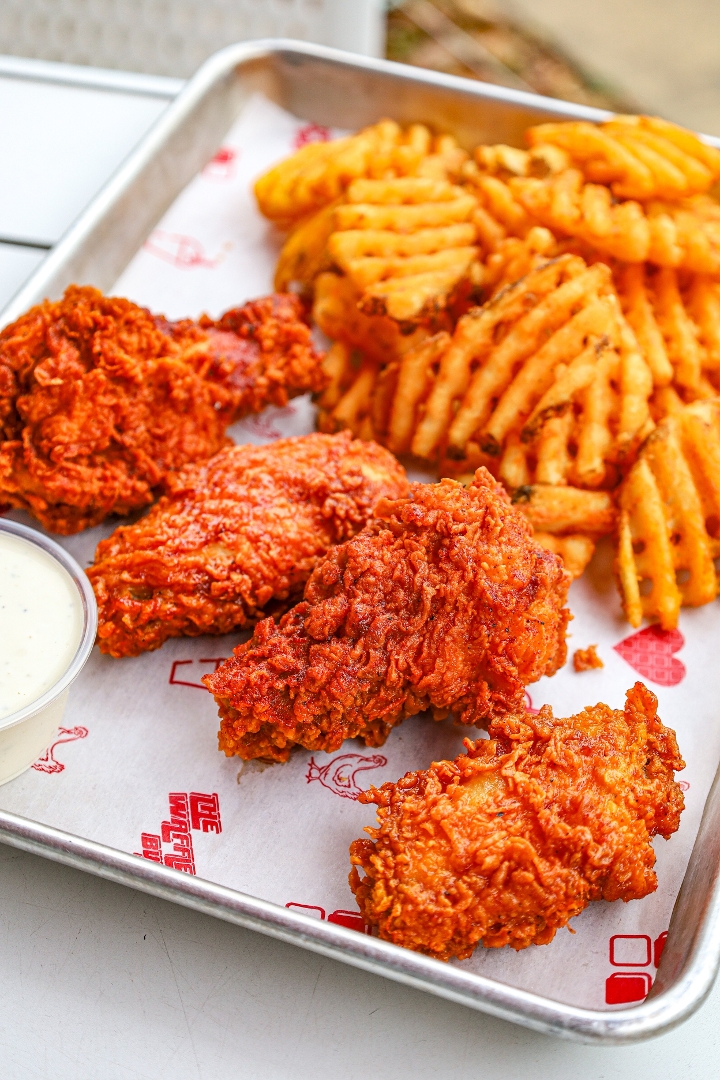 HOT Honey Wings and Waffle Fries.