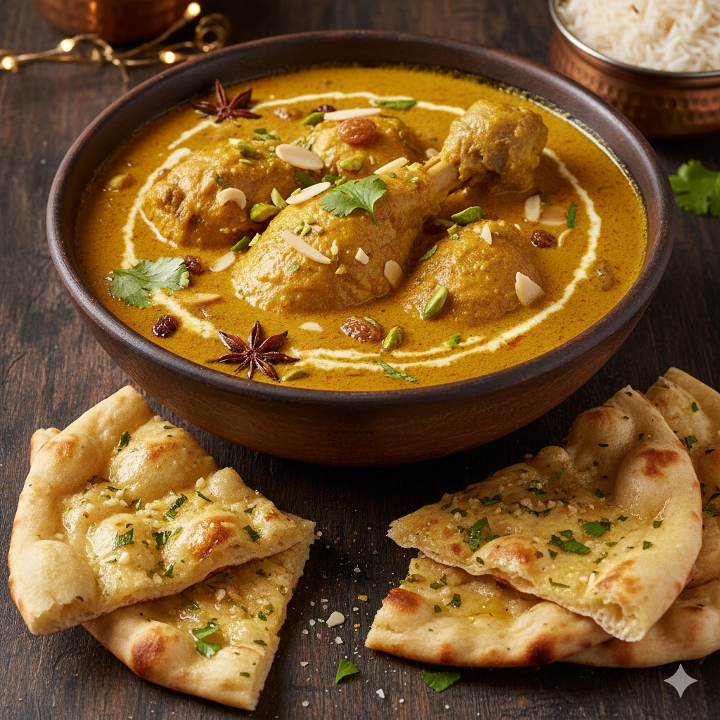 Combo: Kashmiri Korma Chicken (24 oz bone-in) curry with Garlic Naan.