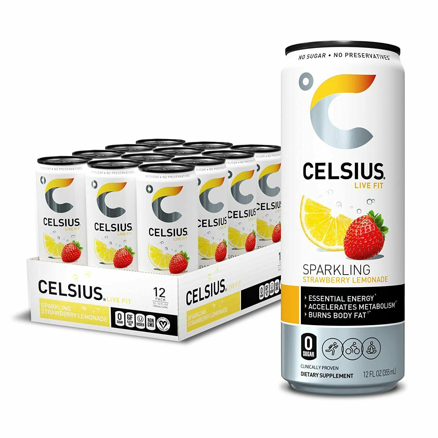 CELSIUS Essential Energy Drink 12 Fl Oz, Sparkling Strawberry Lemonade 12 Pack.