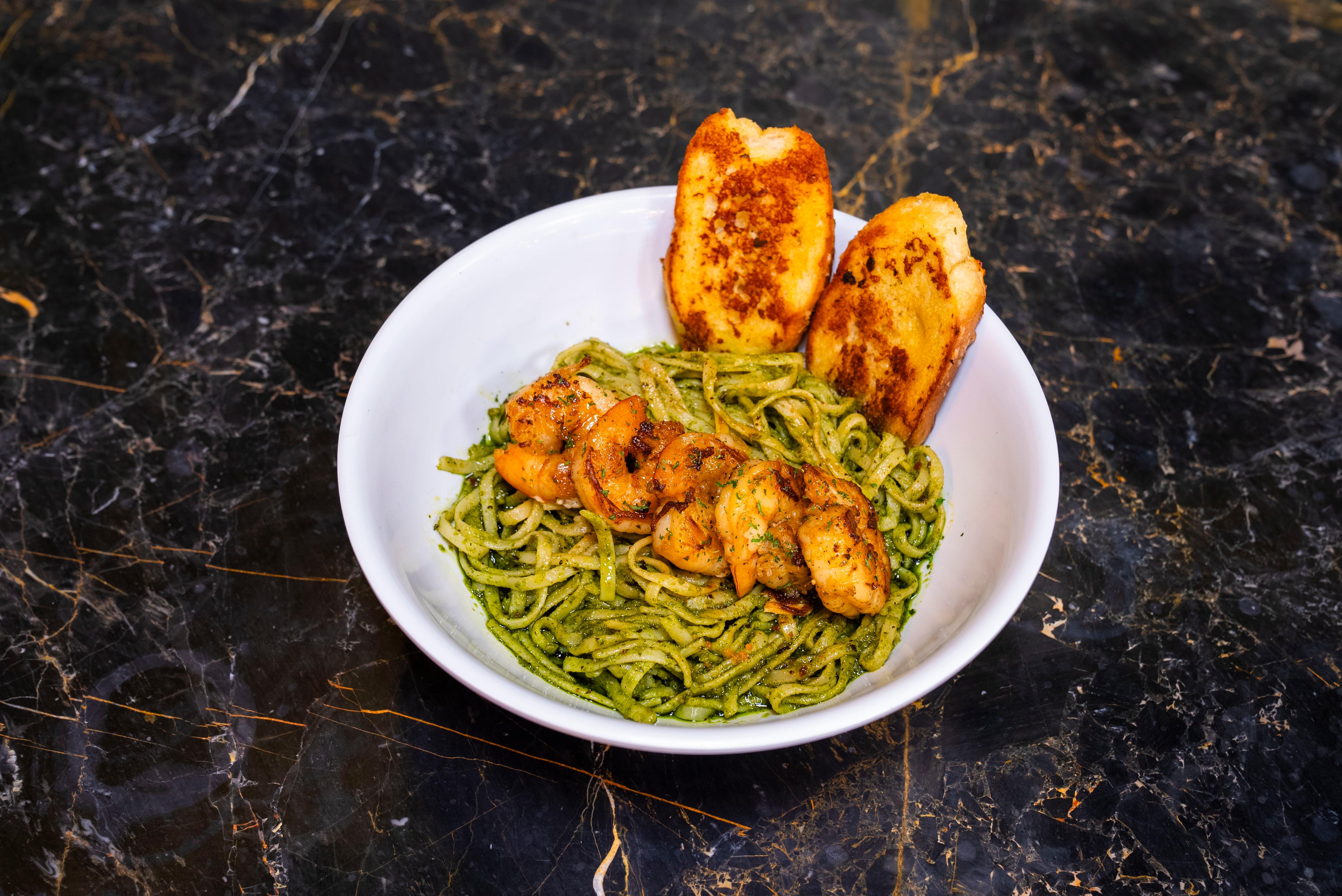 Shrimp Pesto Spaghetti.