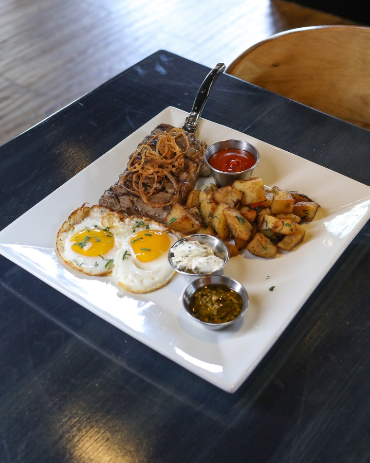 Steak and eggs.