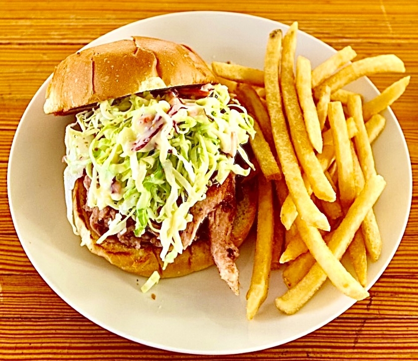 BBQ PULLED CHICKEN SANDWICH.