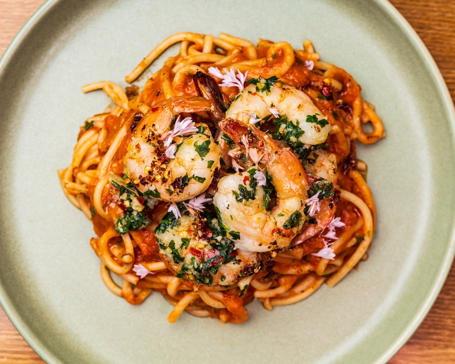 Bucatini & Jumbo Shrimps.