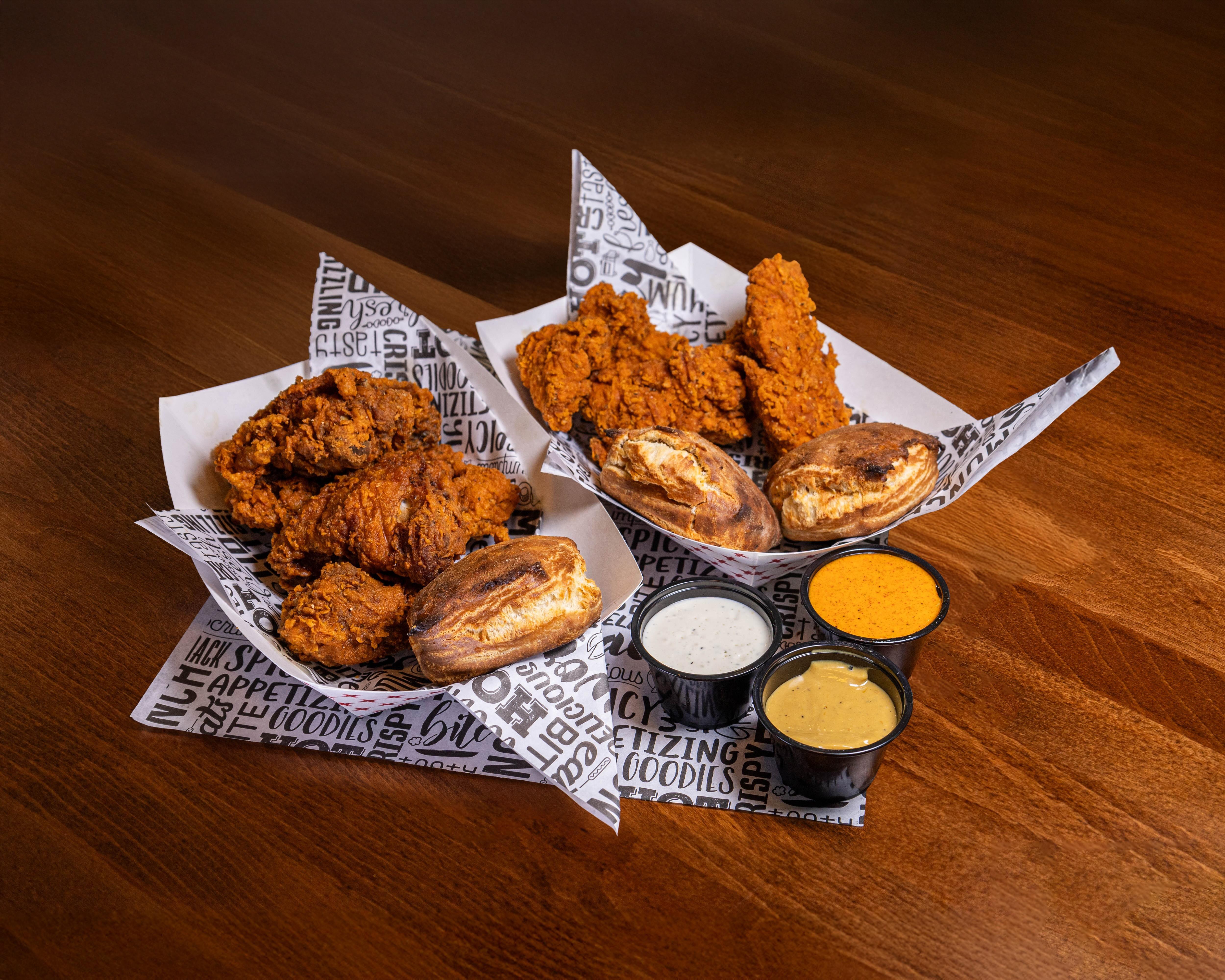 3 Pieces Tenders, 3 Piece Fried Chicken (Bone-In), 3 Sauces, 3 Rustic Butter Biscuits.