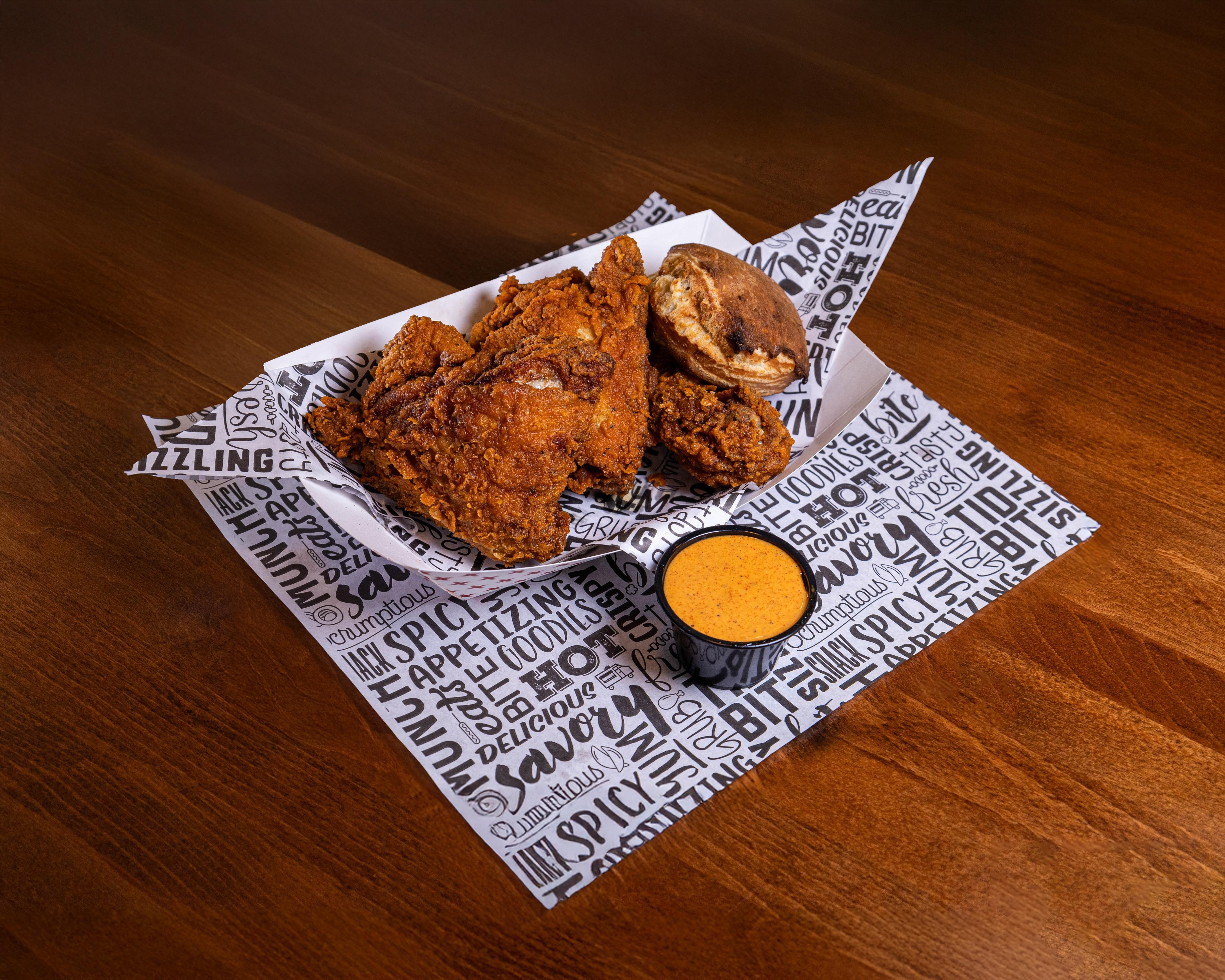3 Pieces (Bone-In), 1 Sauce, 1 Rustic Butter Biscuit.