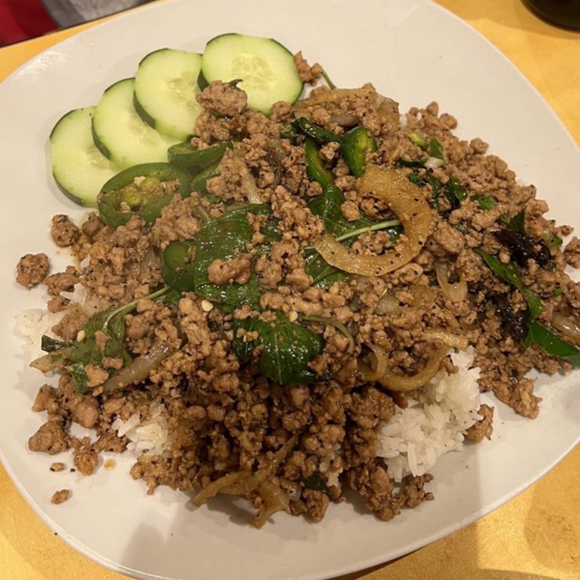 50. Basil leaf ground pork over rice.
