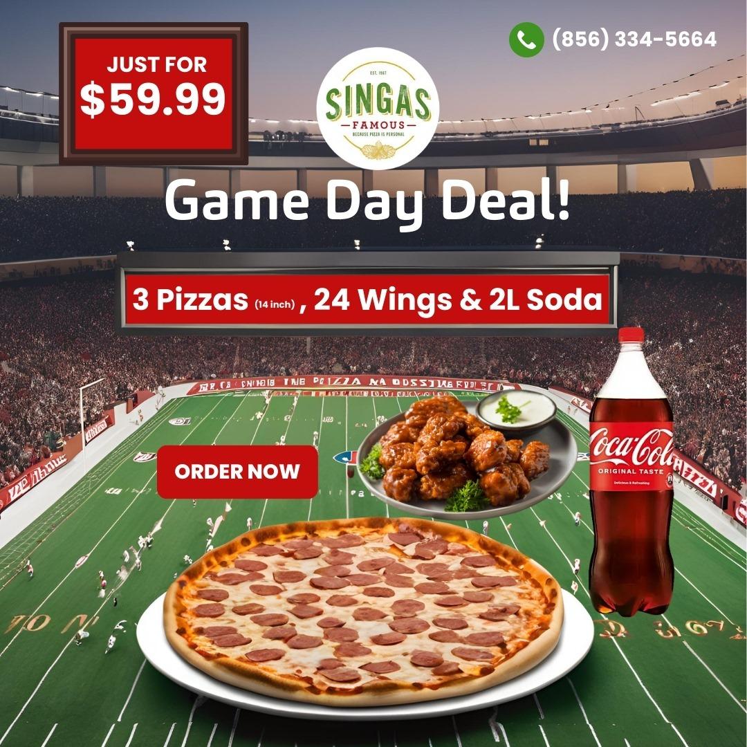 3 Large (Cheese or One Topping Pizza) & 24 Traditional Wings & 2 Lt Coke bottle.