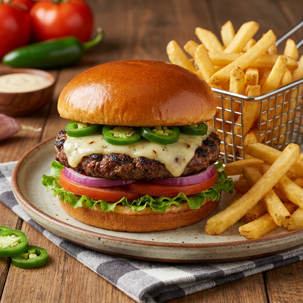 Jalapeños Cheese Burger W/Fries.