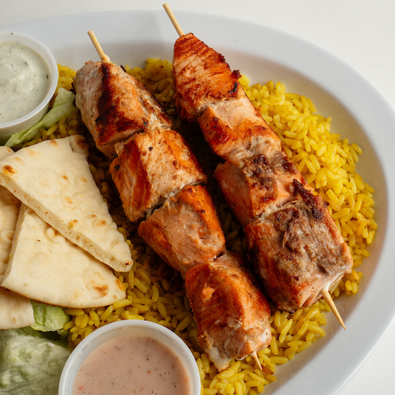 Salmon Souvlaki Platter.
