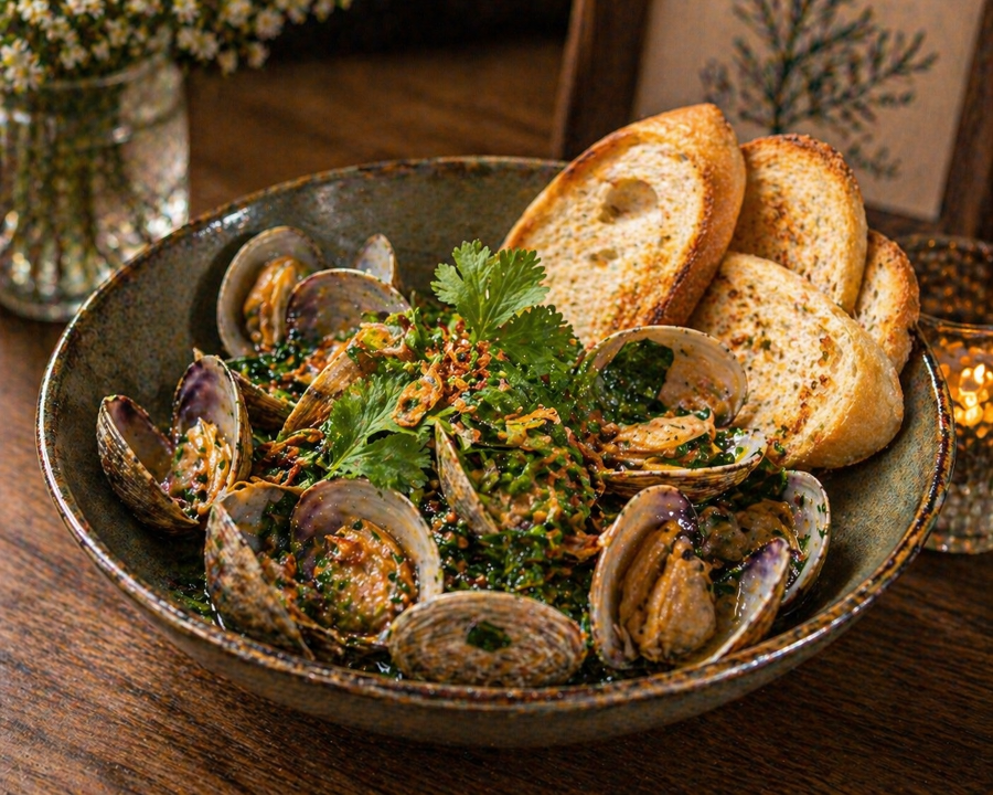 WOK CLAM WITH BAGUETTE.