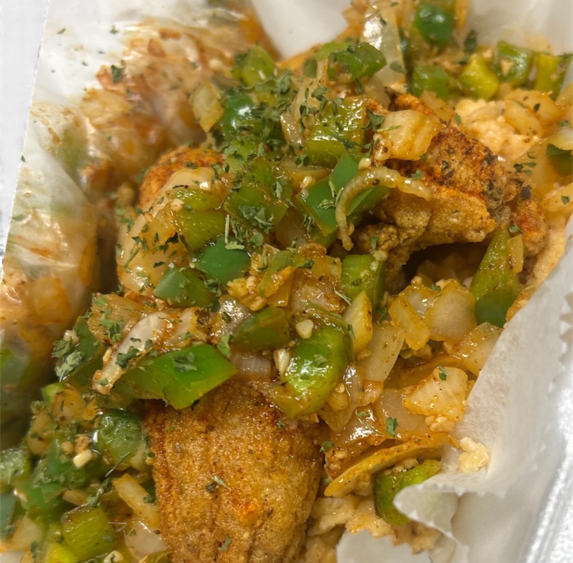 Catfish (Cheesy Grits) w/Grilled Onions & Peppers w/Marinade Sauce.