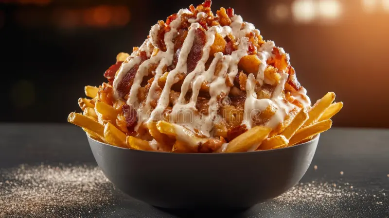 Loaded Cheese Fries with Bacon 9'.