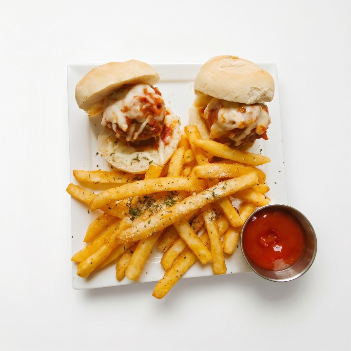 Meatball Sliders with Fries.