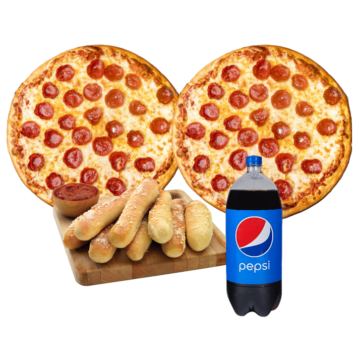 2 Large 1 Topping, Breadsticks & 2 Liter Soda.
