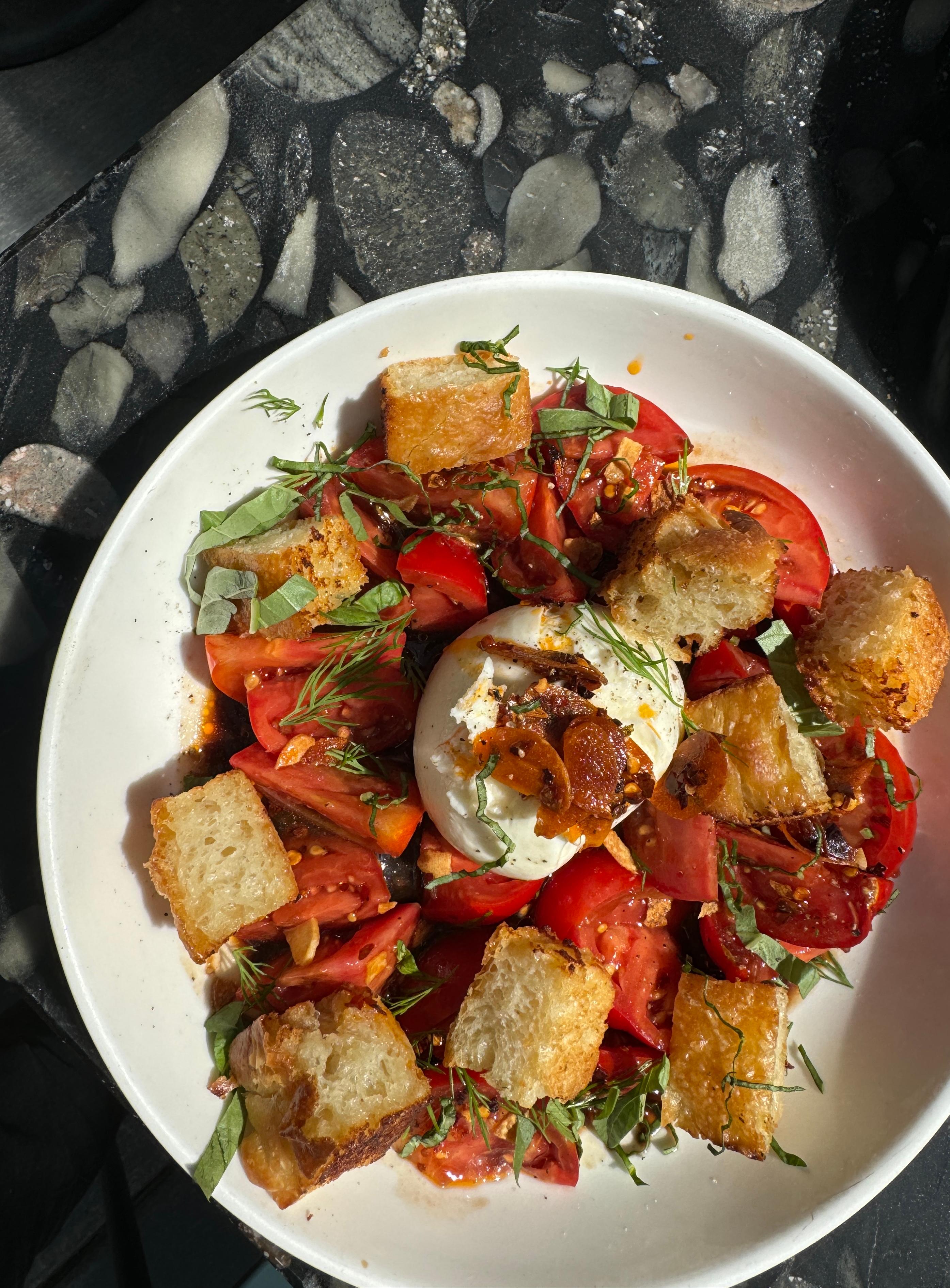 TOMATO + BURRATA PANZANELLA.
