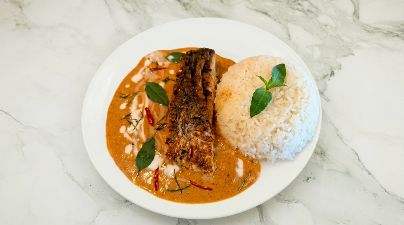 E3 Seared Sea Bass with Dual Curries.