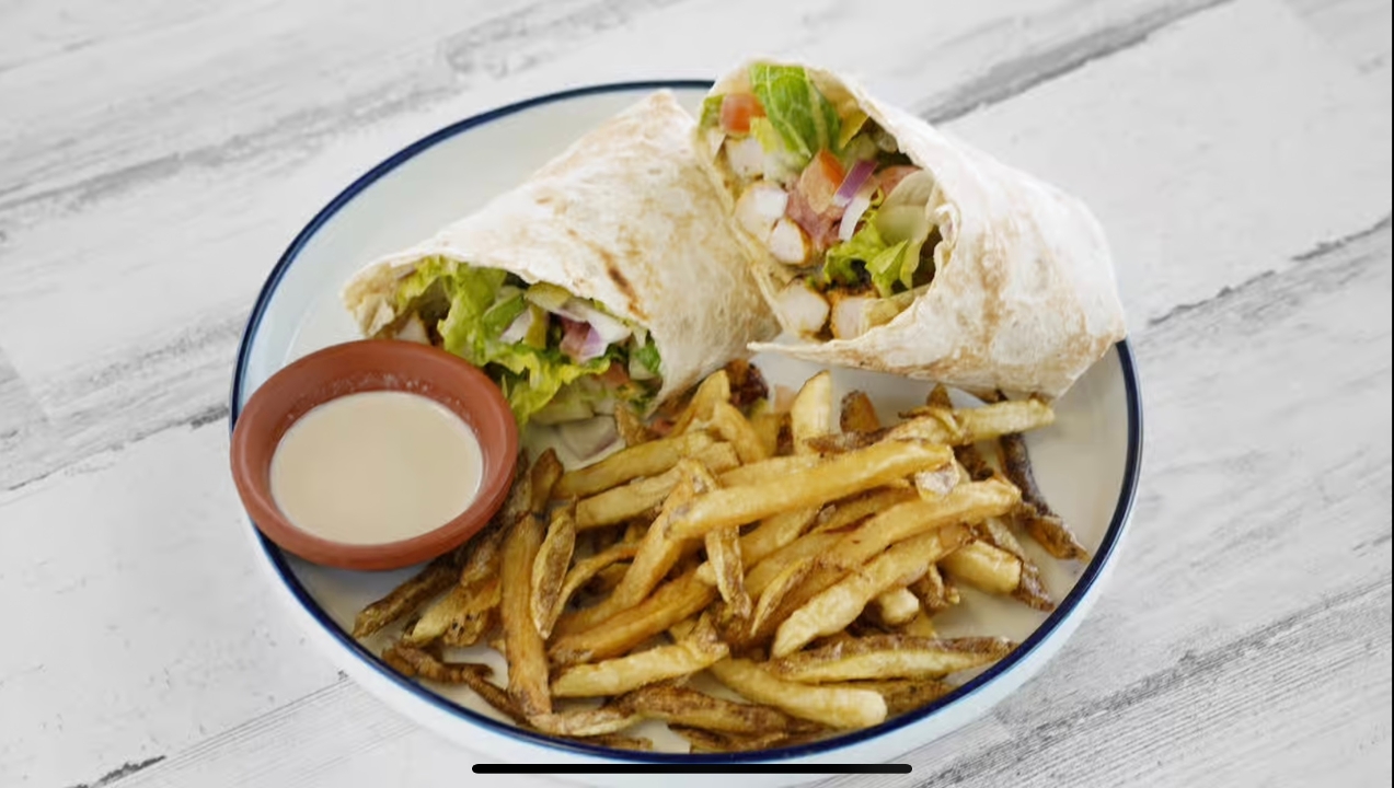 Chicken Kabob Wrap and Fries.