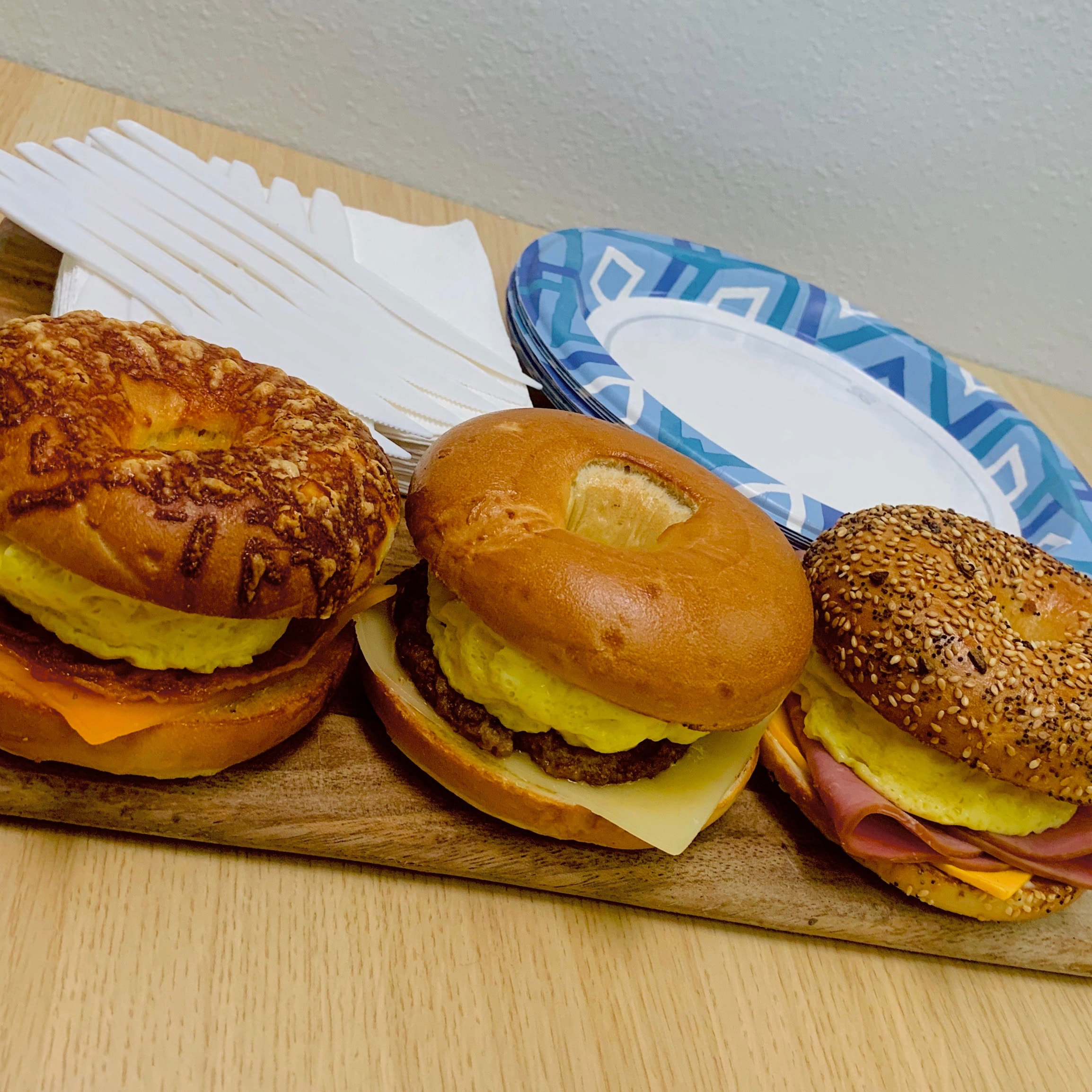 Basic Breakfast: Bagel, Meat, Egg & Cheese.