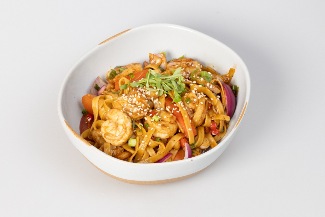 Traditional Wok Noodles with Shrimp.