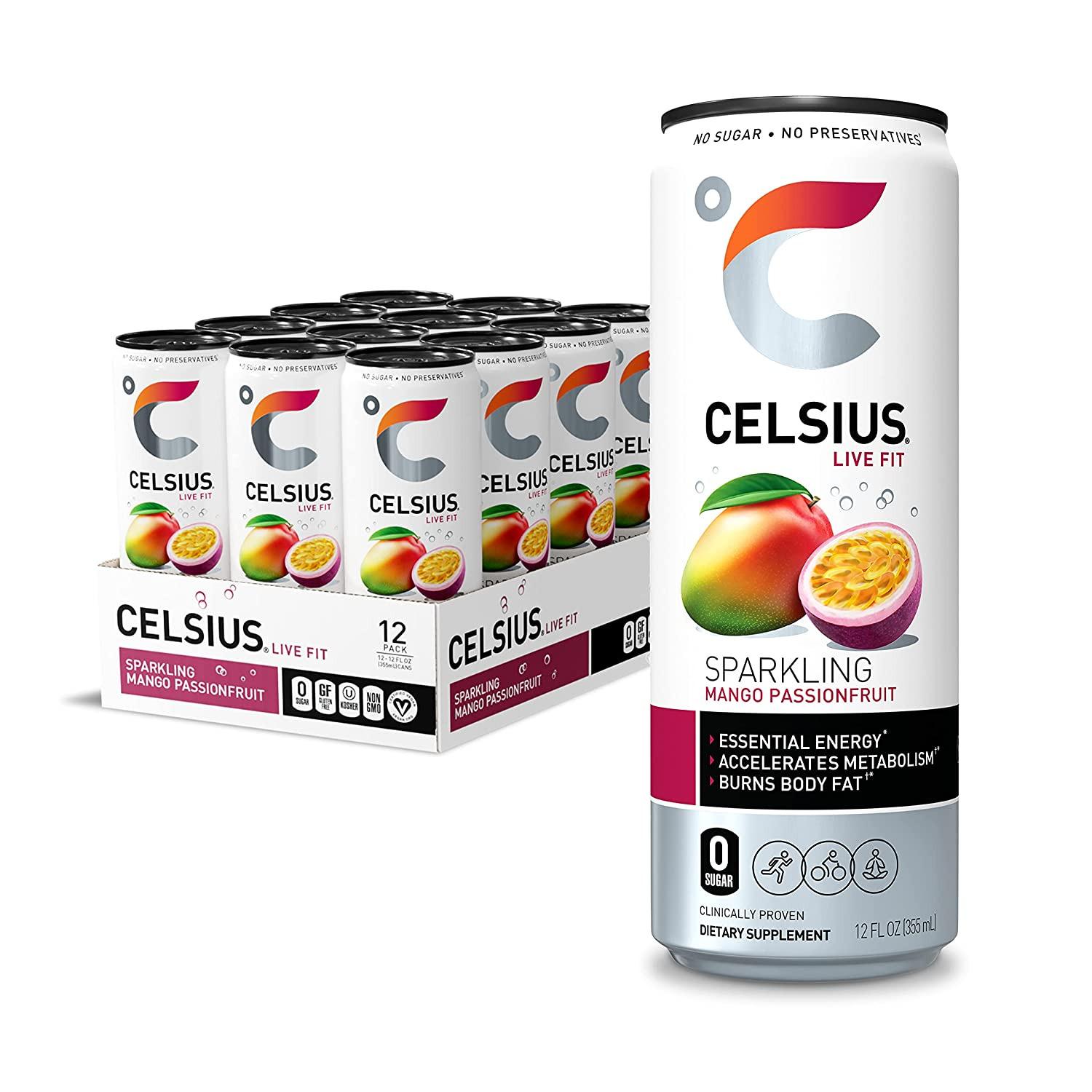 CELSIUS Essential Energy Drink 12 Fl Oz, Sparkling Mango Passionfruit (Pack of 1).