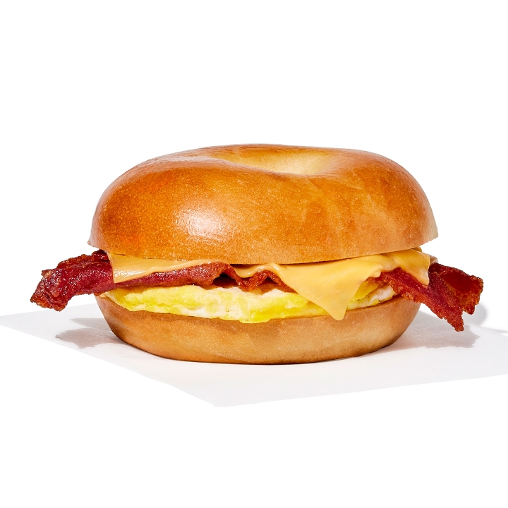 Turkey Bacon, Egg, and Cheese Toasted Bagel.